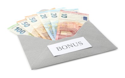 Photo of Envelope with word Bonus and euro banknotes isolated on white