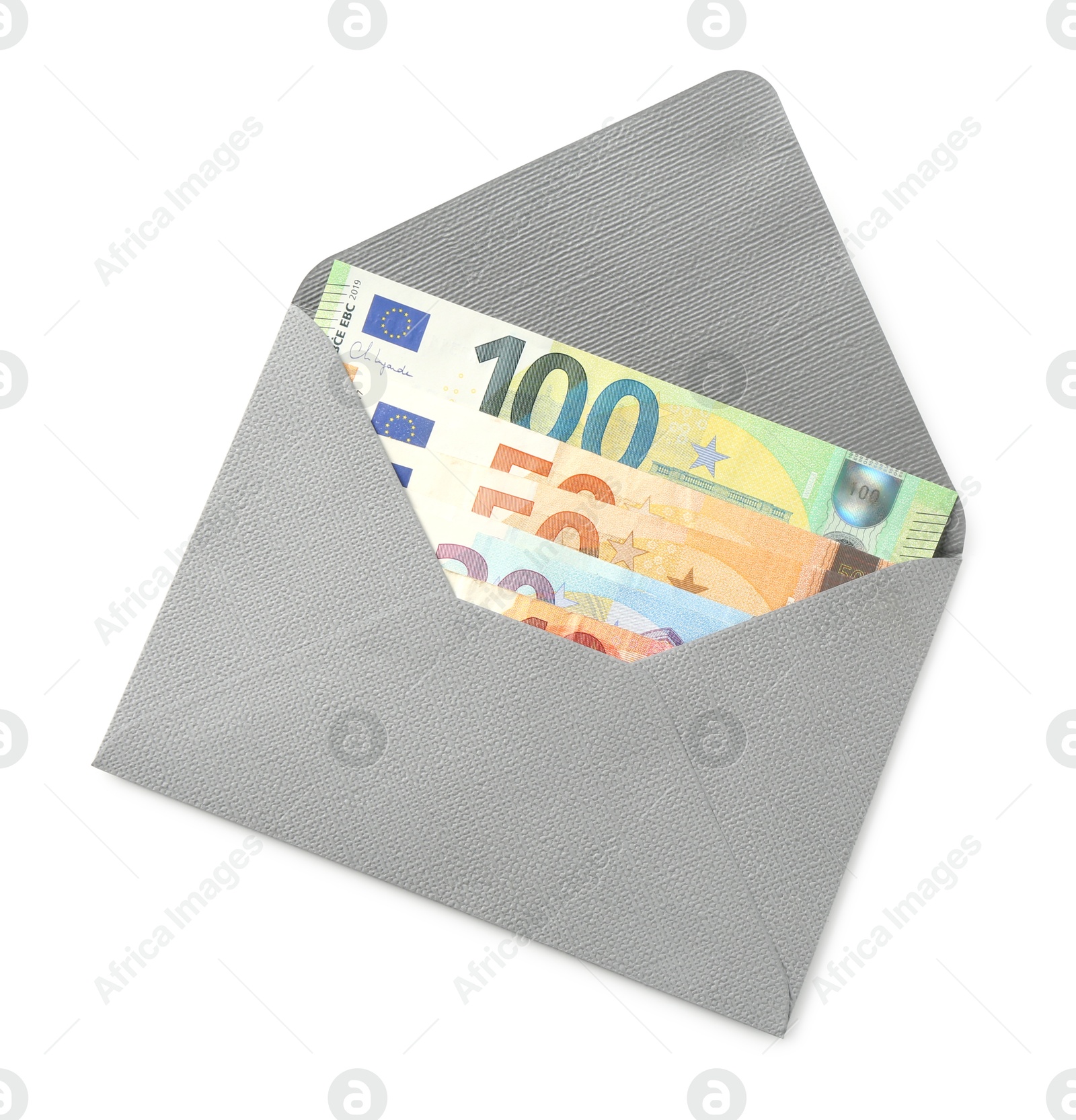 Photo of Money bonus. Envelope with euro banknotes isolated on white, top view