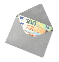 Photo of Money bonus. Envelope with euro banknotes isolated on white, top view