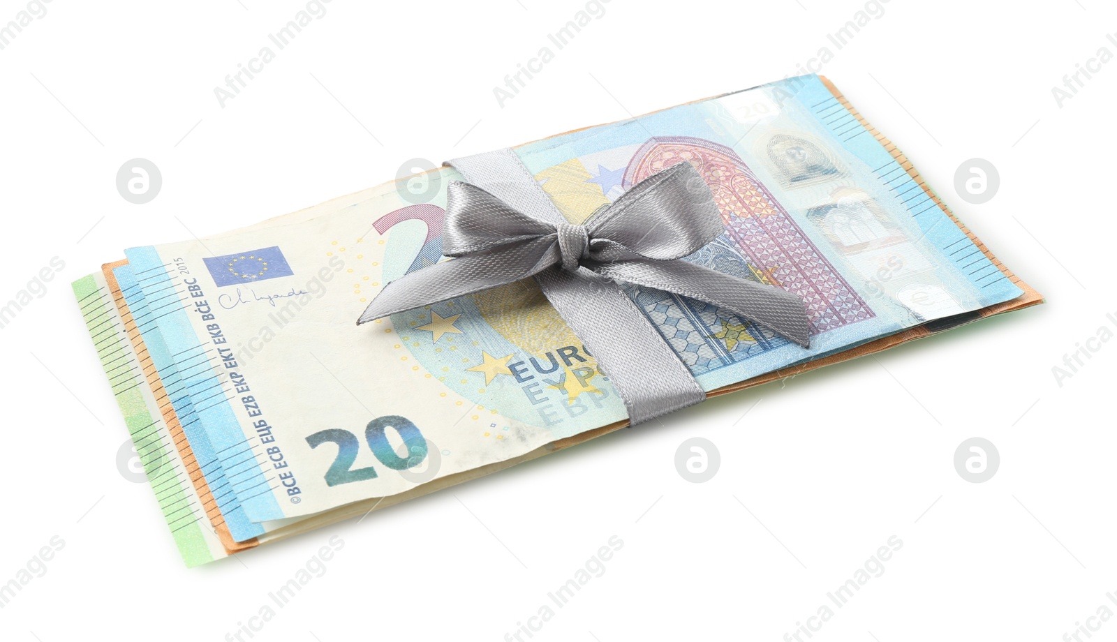 Money bonus. Euro banknotes with bow isolated on white Photo of Money bonus. Euro banknotes with bow isolated on white