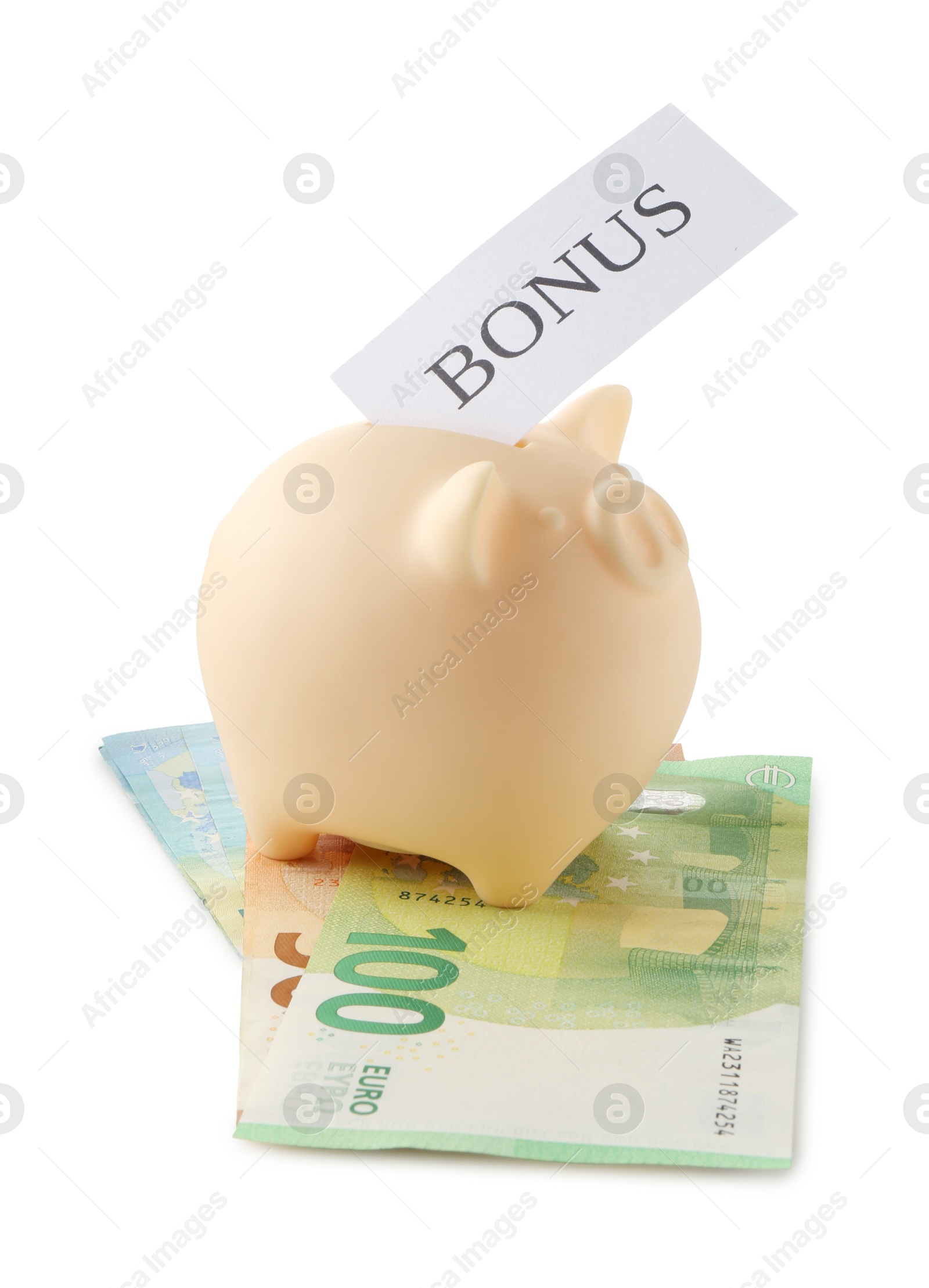 Piggybank with word Bonus and euro banknotes isolated on white Photo of Piggybank with word Bonus and euro banknotes isolated on white