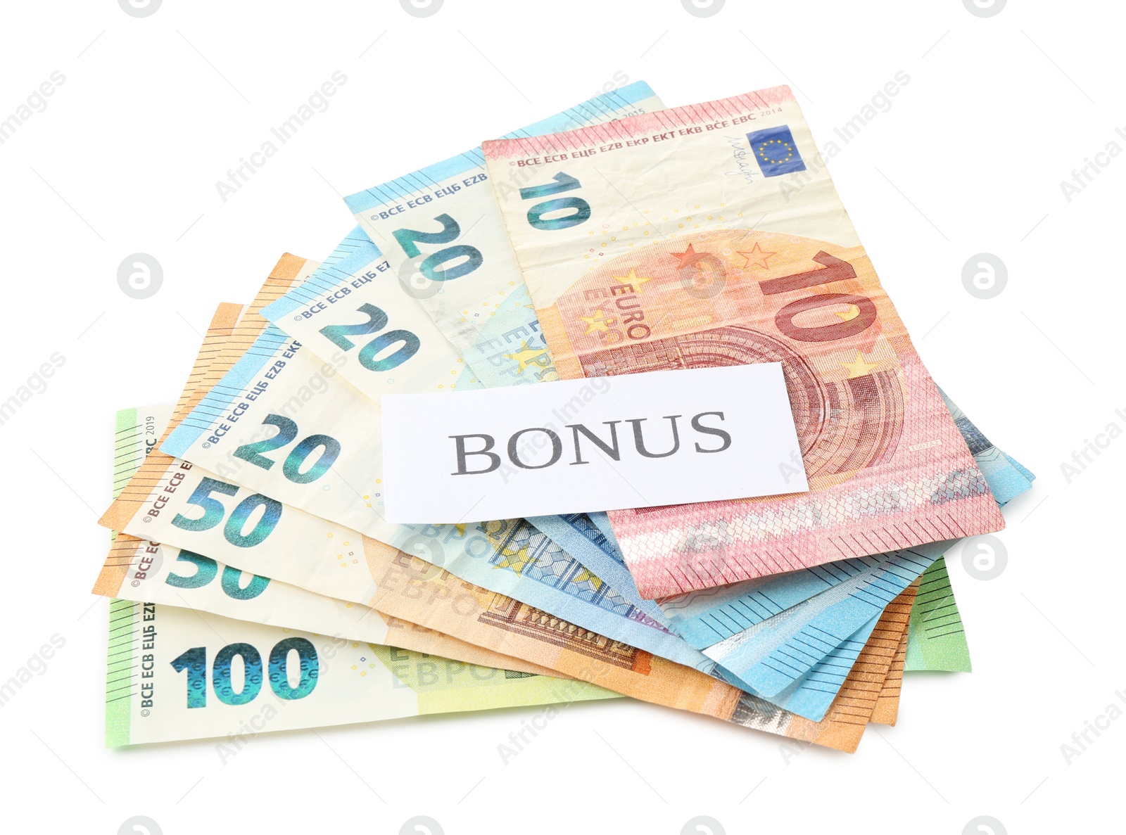 Euro banknotes and card with word Bonus isolated on white Photo of Euro banknotes and card with word Bonus isolated on white