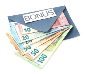 Photo of Envelope with word Bonus and euro banknotes isolated on white