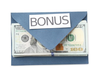 Photo of Envelope with word Bonus and dollar banknotes isolated on white, top view