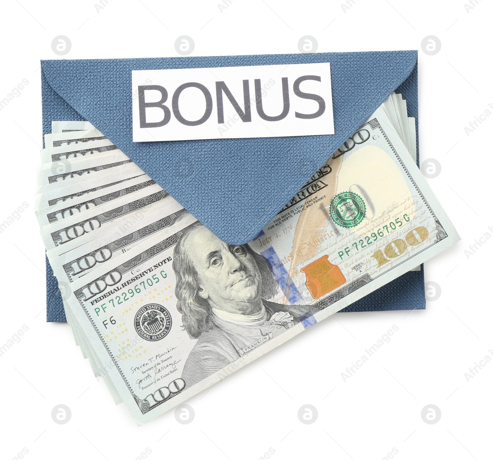 Envelope with word Bonus and dollar banknotes isolated on white, top view Photo of Envelope with word Bonus and dollar banknotes isolated on white, top view