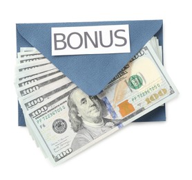 Photo of Envelope with word Bonus and dollar banknotes isolated on white, top view