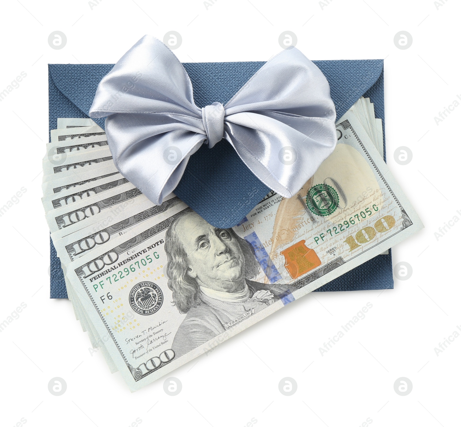 Money bonus. Envelope with dollar banknotes isolated on white, top view Photo of Money bonus. Envelope with dollar banknotes isolated on white, top view