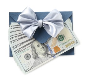 Photo of Money bonus. Envelope with dollar banknotes isolated on white, top view