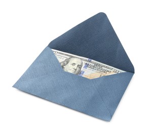 Photo of Money bonus. Envelope with dollar banknotes isolated on white