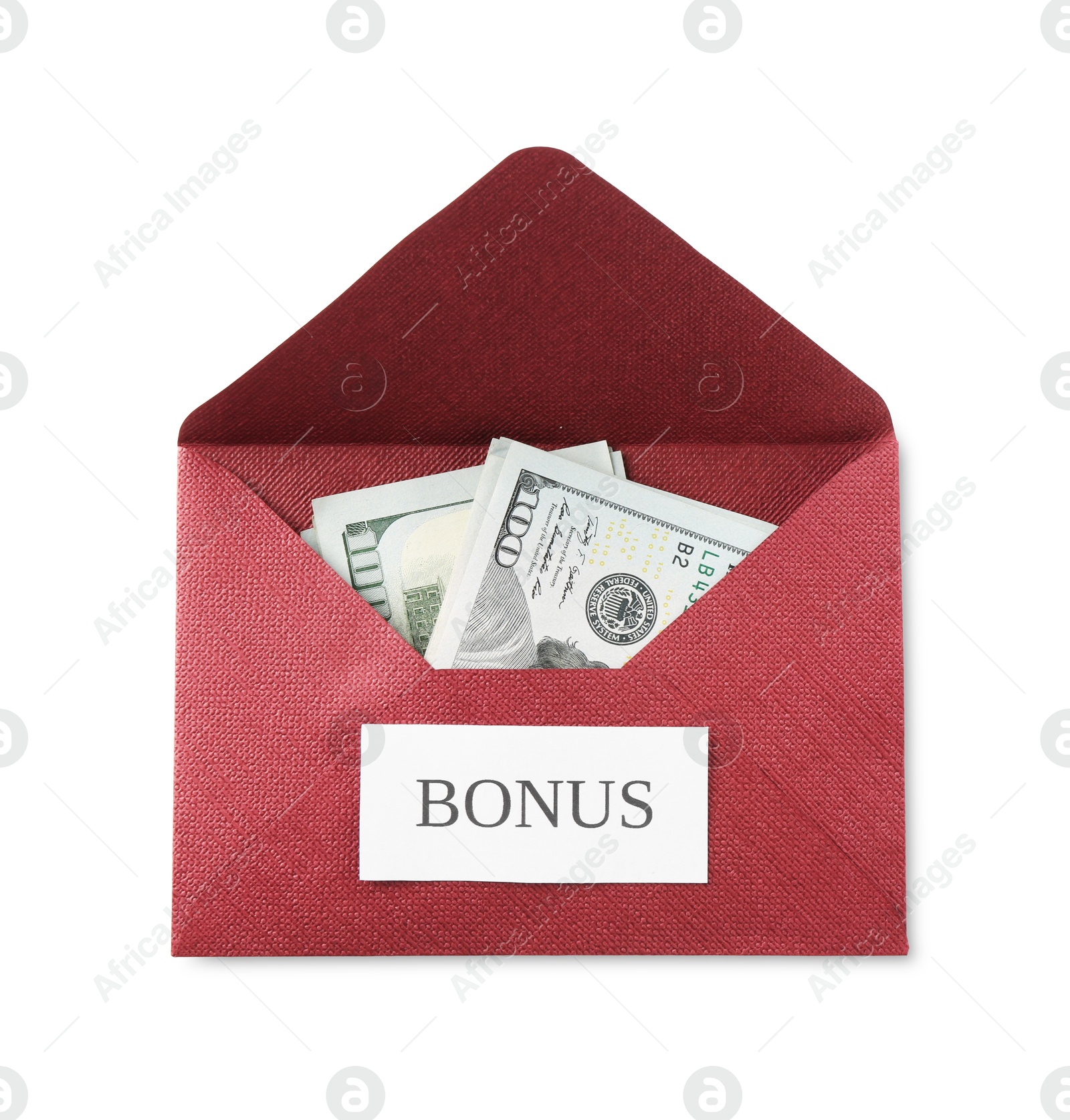 Envelope with word Bonus and dollar banknotes isolated on white, top view Photo of Envelope with word Bonus and dollar banknotes isolated on white, top view