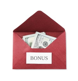 Photo of Envelope with word Bonus and dollar banknotes isolated on white, top view