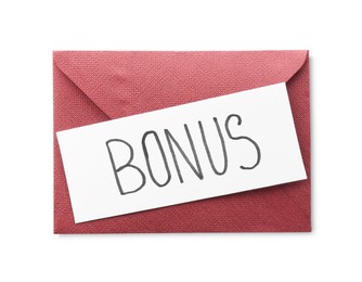 Photo of Envelope with word Bonus isolated on white, top view