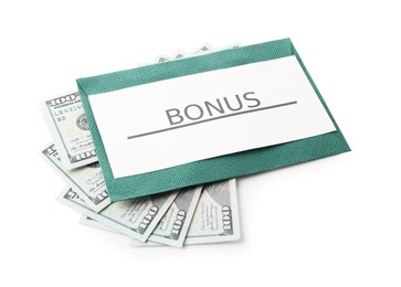 Photo of Envelope with word Bonus and dollar banknotes isolated on white