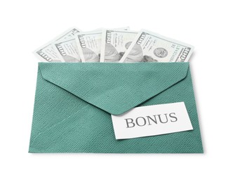 Photo of Envelope with word Bonus and dollar banknotes isolated on white