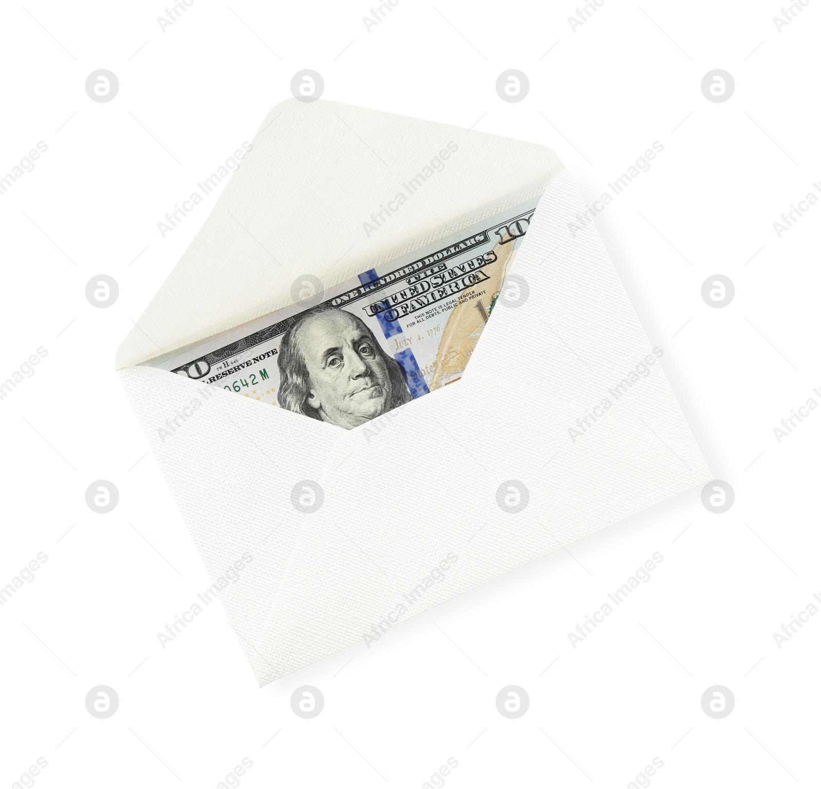 Money bonus. Envelope with dollar banknotes isolated on white, top view Photo of Money bonus. Envelope with dollar banknotes isolated on white, top view