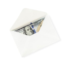 Photo of Money bonus. Envelope with dollar banknotes isolated on white, top view