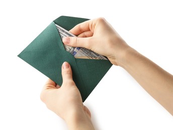 Photo of Money bonus. Woman holding envelope with dollar banknotes on white background, closeup