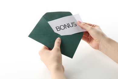 Photo of Woman holding envelope with word Bonus on white background, closeup