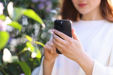 Photo of Woman using plant recognition application on smartphone outdoors, selective focus