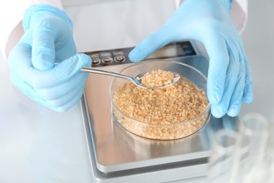 Photo of Scientist weighing Petri dish with sample on scales at white mirror table, closeup