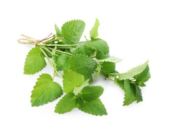 Photo of Fresh green lemon balm leaves isolated on white