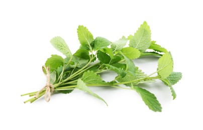 Photo of Fresh green lemon balm leaves isolated on white