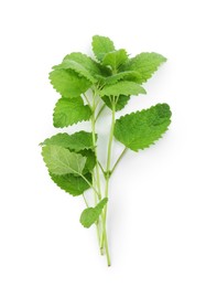 Photo of Fresh green lemon balm leaves isolated on white, top view