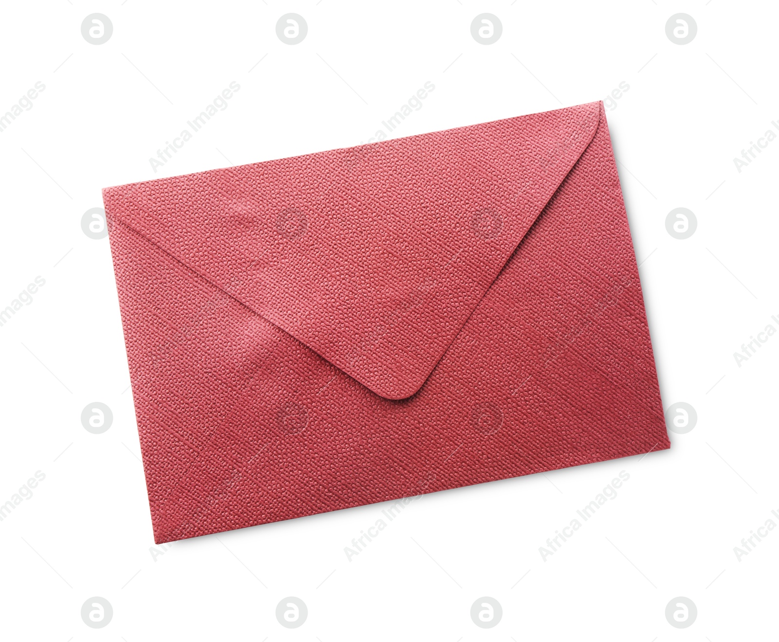 Photo of One closed red envelope isolated on white, top view