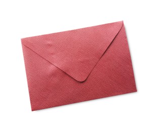 Photo of One closed red envelope isolated on white, top view