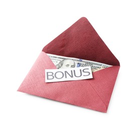 Photo of Envelope with word Bonus and dollar banknotes isolated on white