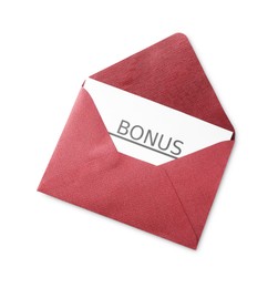 Photo of Envelope with word Bonus isolated on white, top view