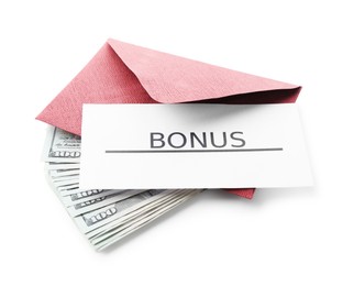 Photo of Envelope with word Bonus and dollar banknotes isolated on white
