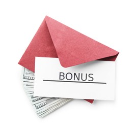 Photo of Envelope with word Bonus and dollar banknotes isolated on white, top view