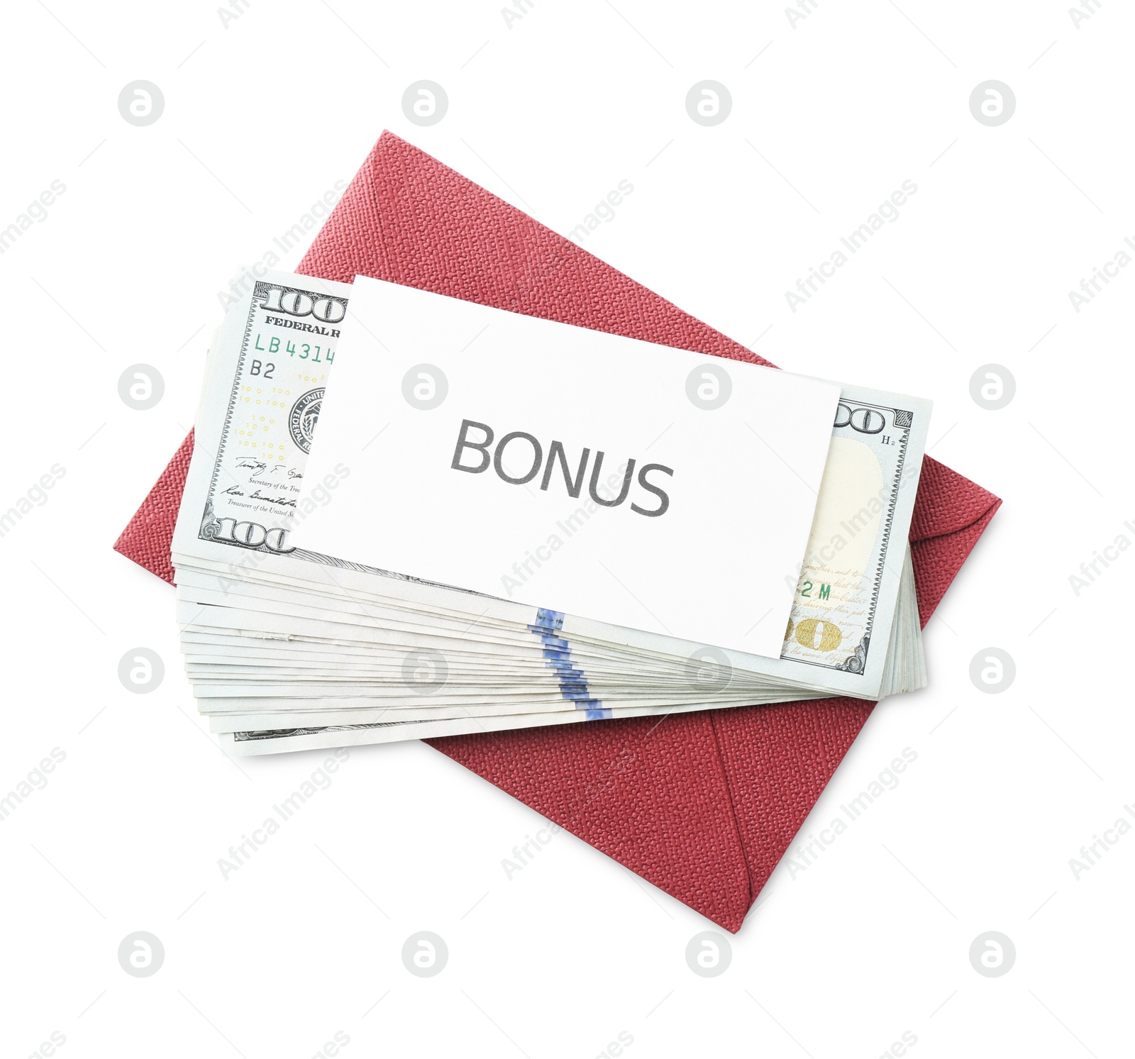 Envelope with word Bonus and dollar banknotes isolated on white, top view Photo of Envelope with word Bonus and dollar banknotes isolated on white, top view