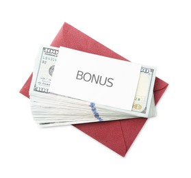 Photo of Envelope with word Bonus and dollar banknotes isolated on white, top view