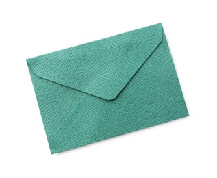 Photo of One closed green envelope isolated on white, top view