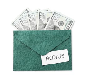 Photo of Envelope with word Bonus and dollar banknotes isolated on white, top view