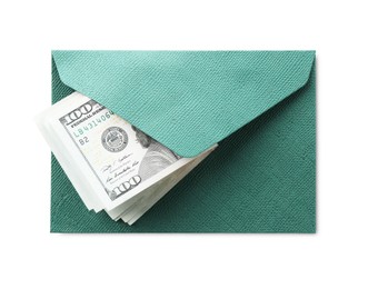 Photo of Money bonus. Envelope with dollar banknotes isolated on white, top view