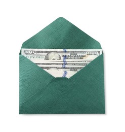 Photo of Money bonus. Envelope with dollar banknotes isolated on white, top view