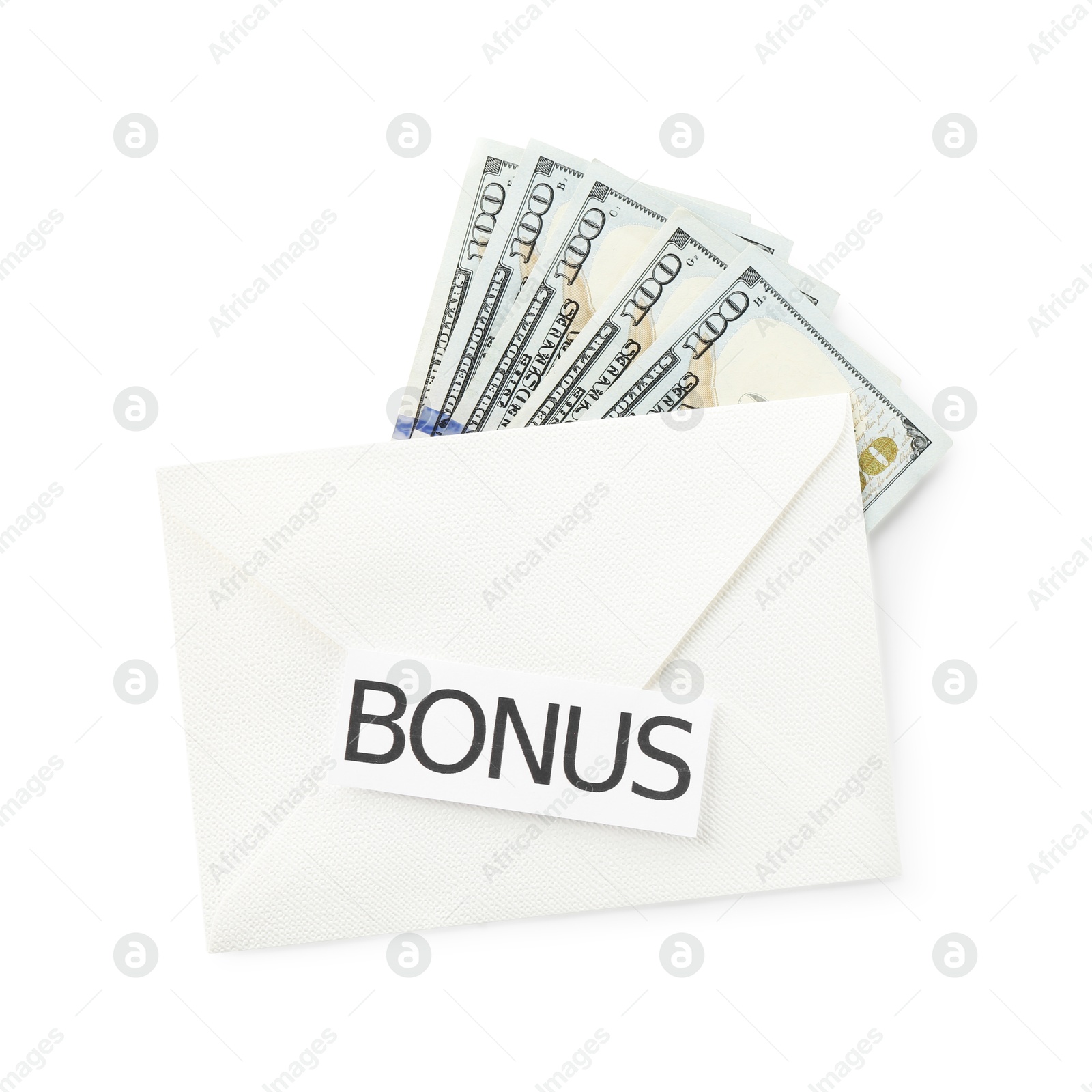 Envelope with word Bonus and dollar banknotes isolated on white, top view Photo of Envelope with word Bonus and dollar banknotes isolated on white, top view