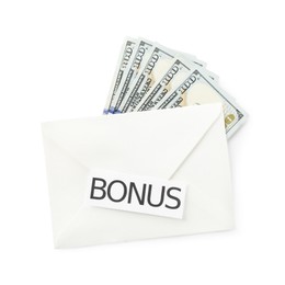 Photo of Envelope with word Bonus and dollar banknotes isolated on white, top view