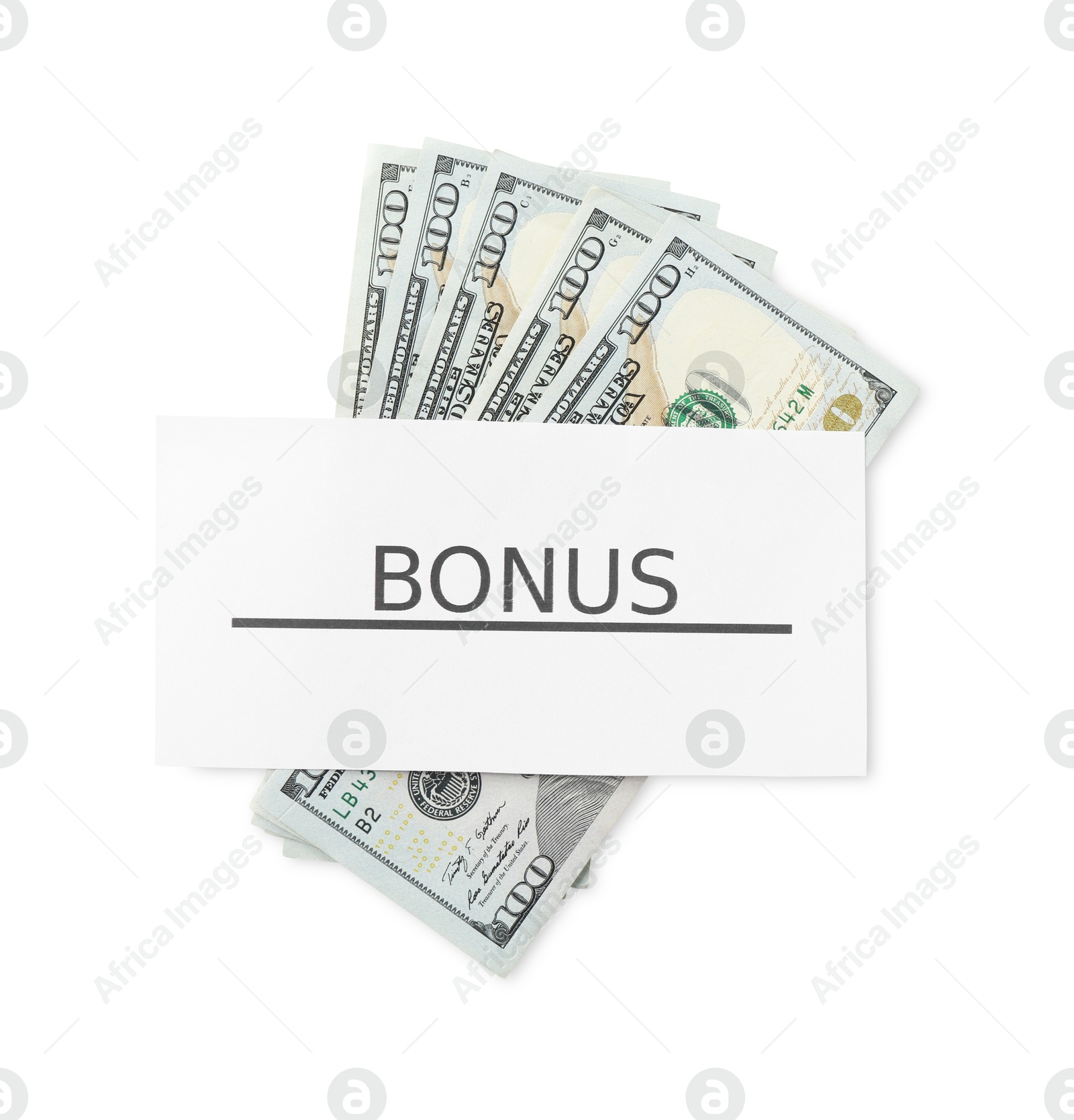 Dollar banknotes and card with word Bonus isolated on white, top view Photo of Dollar banknotes and card with word Bonus isolated on white, top view