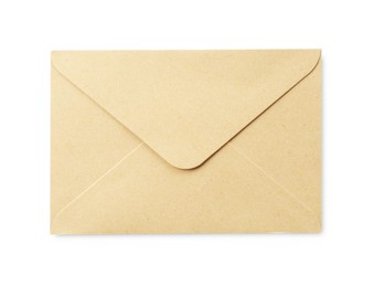 Photo of One closed envelope isolated on white, top view