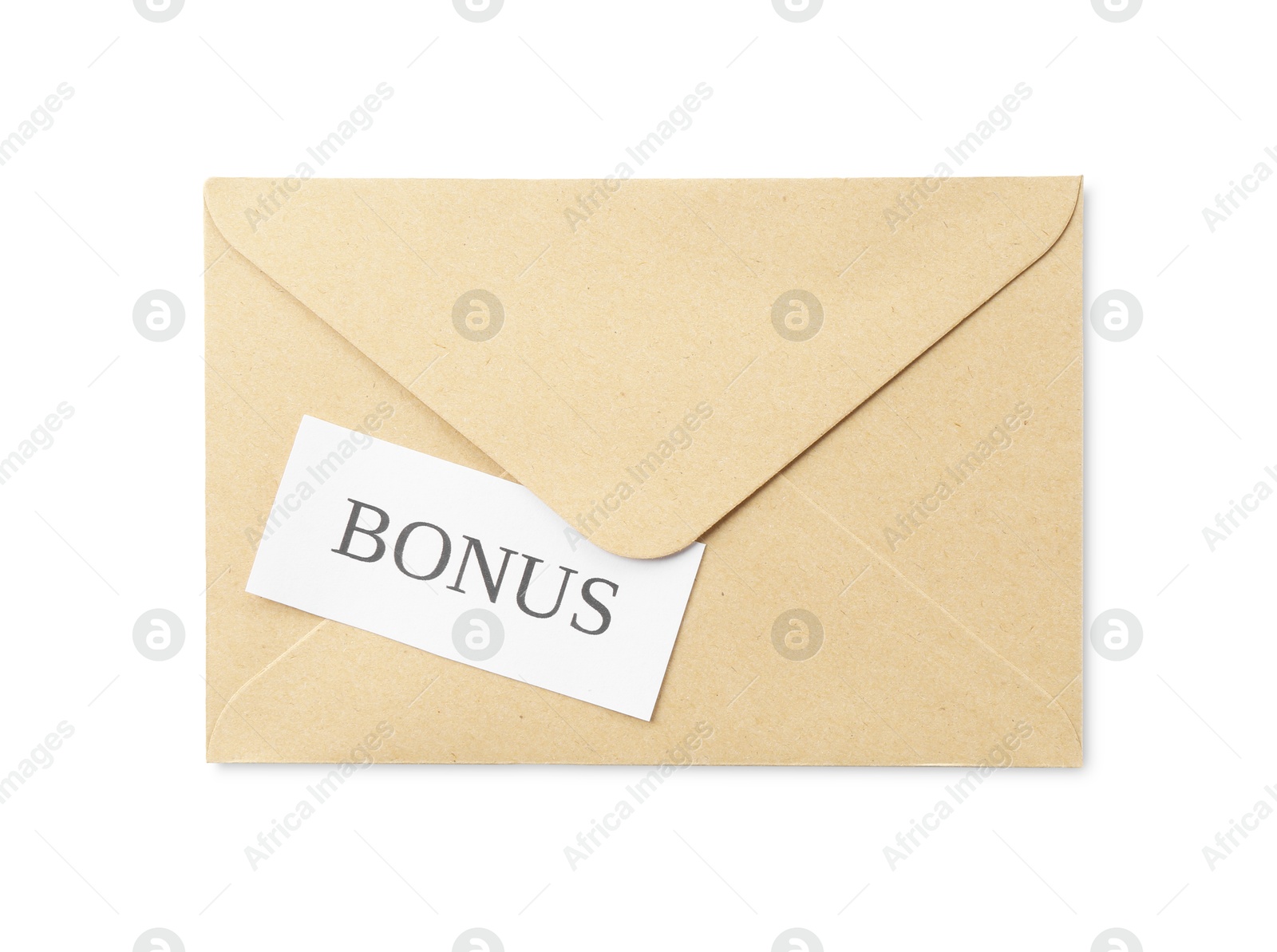 Envelope with word Bonus isolated on white, top view Photo of Envelope with word Bonus isolated on white, top view