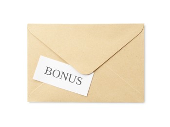 Photo of Envelope with word Bonus isolated on white, top view