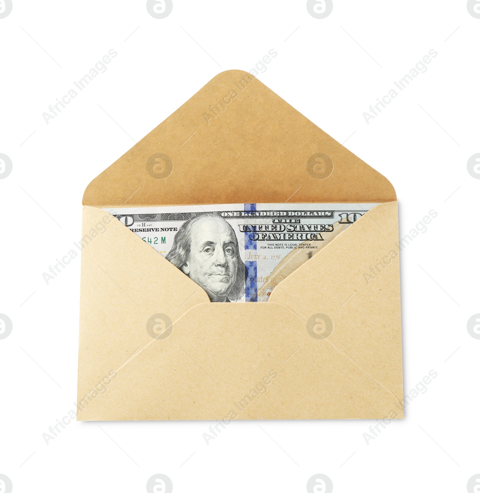 Money bonus. Envelope with dollar banknotes isolated on white, top view Photo of Money bonus. Envelope with dollar banknotes isolated on white, top view