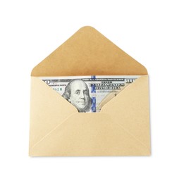 Photo of Money bonus. Envelope with dollar banknotes isolated on white, top view