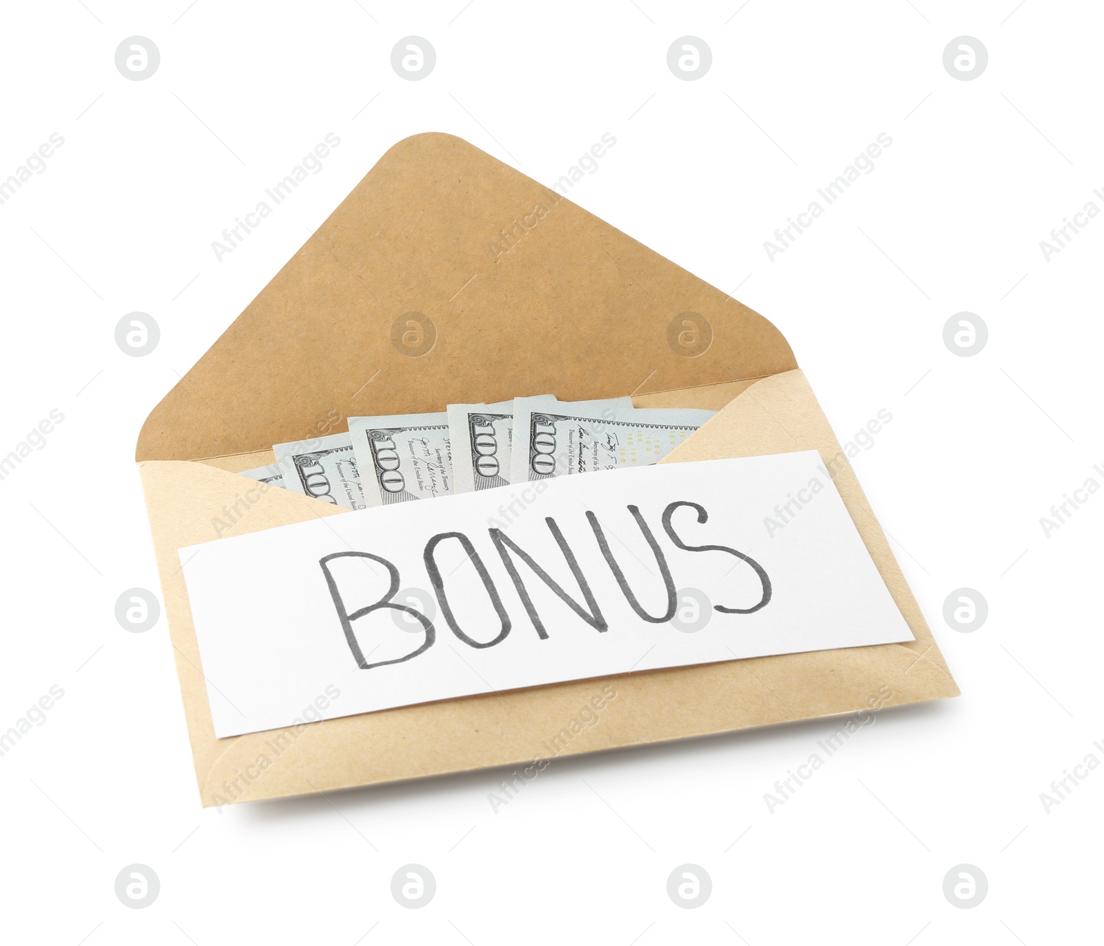 Photo of Envelope with word Bonus and dollar banknotes isolated on white