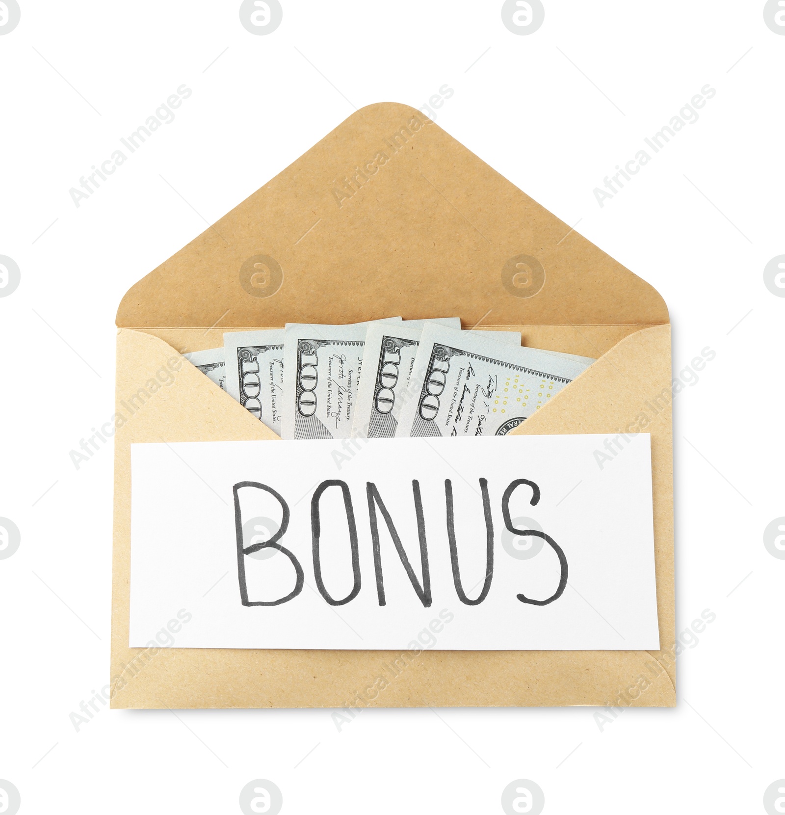 Photo of Envelope with word Bonus and dollar banknotes isolated on white, top view