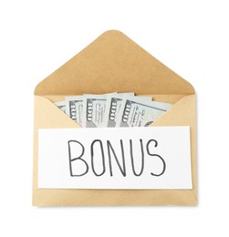 Photo of Envelope with word Bonus and dollar banknotes isolated on white, top view